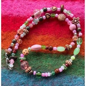 Y2K Multicolor Mixed Bead Necklace Pink Green Brown Floral Star Heart Boho 18 In